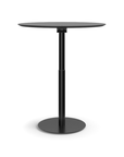 Humanscale Float Gather 36" round Table in black base with black laminate top in standing position. Kansas City Office Design.