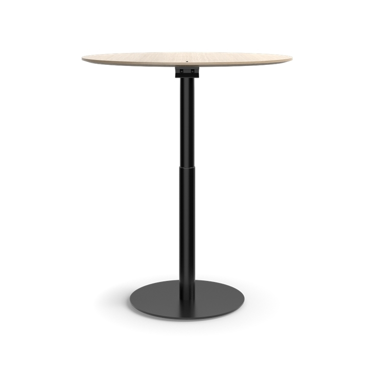 Humanscale Float Gather 36" round Table in black base with white oak veneer top in standing position. Kansas City Office Design.