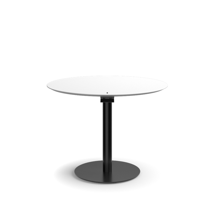 Humanscale Float Gather 36" round Table in black base with white laminate top in sitting position. Kansas City Office Design.