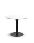 Humanscale Float Gather 36" round Table in black base with white laminate top in sitting position. Kansas City Office Design.