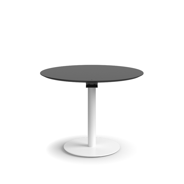 Humanscale Float Gather 36" round Table in white base with black laminate top in sitting position. Kansas City Office Design.