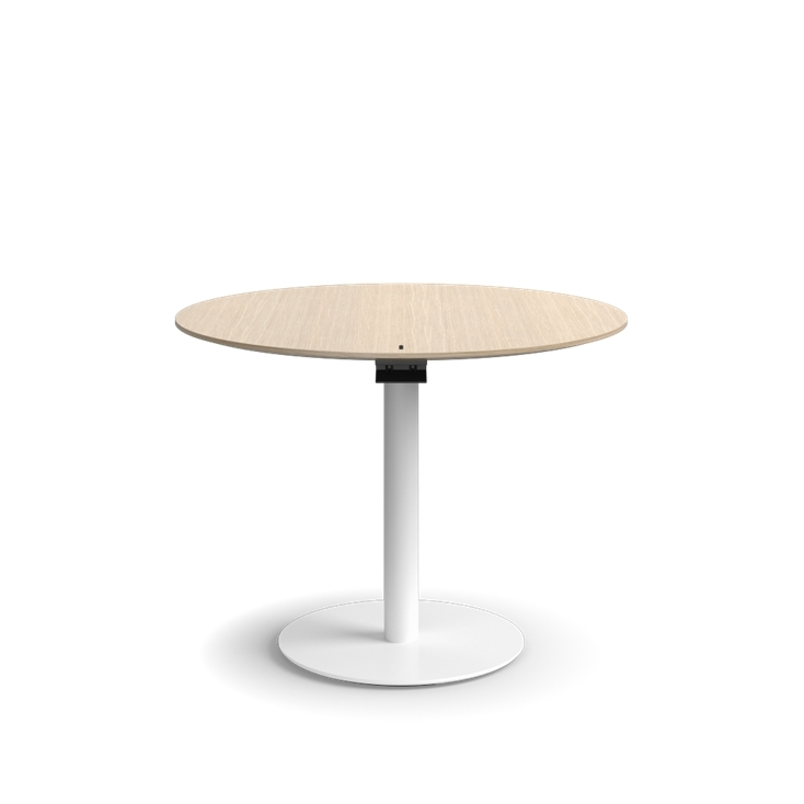 Humanscale Float Gather 36" round Table in white base with white oak veneer top in sitting position. Kansas City Office Design.