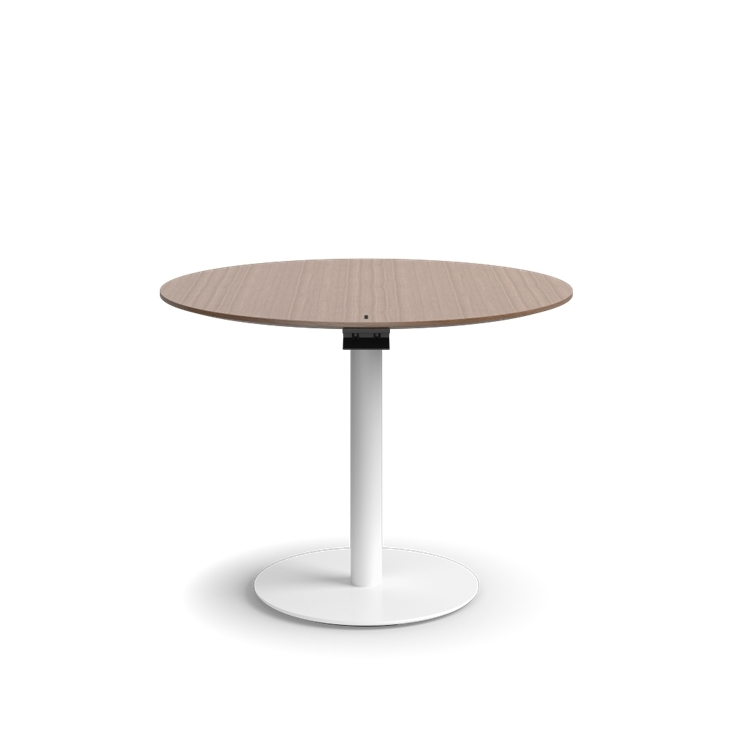 Humanscale Float Gather 36" round Table in white base with walnut veneer top in sitting position. Kansas City Office Design.
