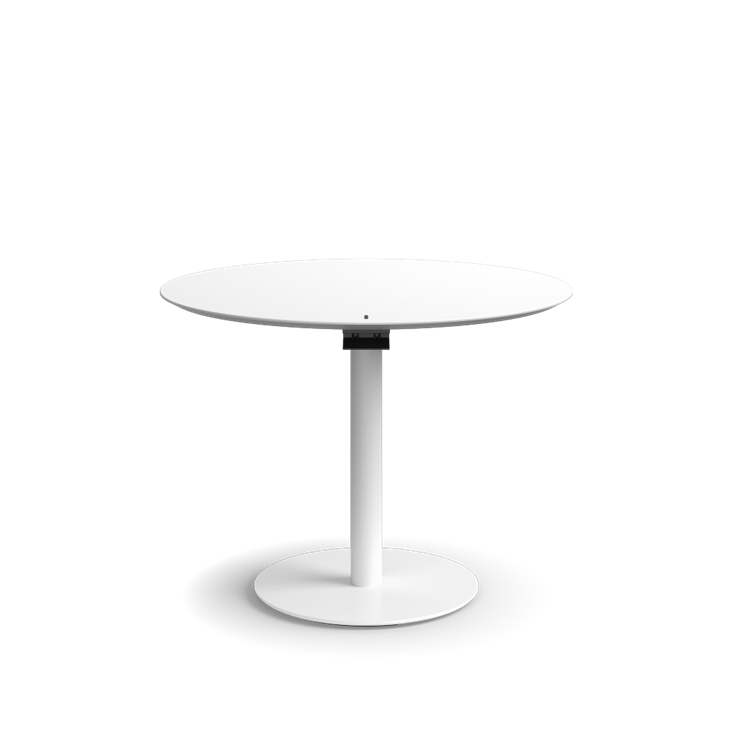 Humanscale Float Gather 36" round Table in white base with white laminate top in sitting position. Kansas City Office Design.