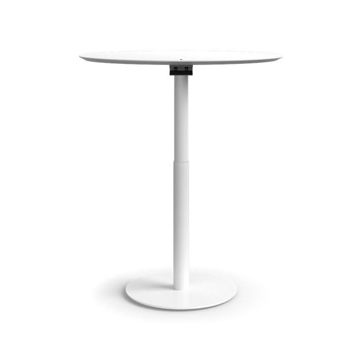 Humanscale Float Gather 36" round Table in white base with white laminate top in standing position. Kansas City Office Design.