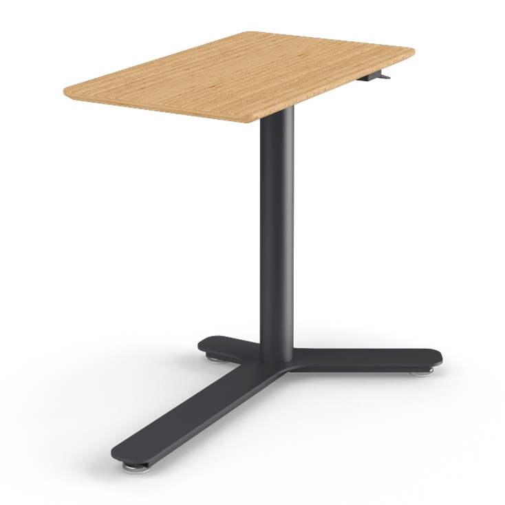 Side View of the Humanscale Mini Float Height Adjustable Table. Bamboo Top with Black Base. Kansas City Office Furniture
