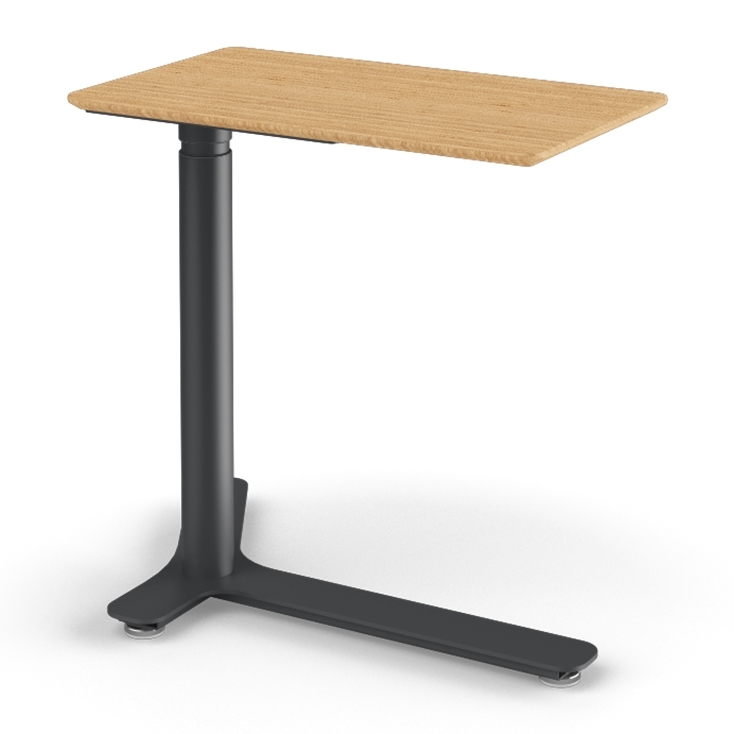 Angled View of the Humanscale Mini Float Height Adjustable Table. Bamboo Top with Black Base. Kansas City Office Furniture