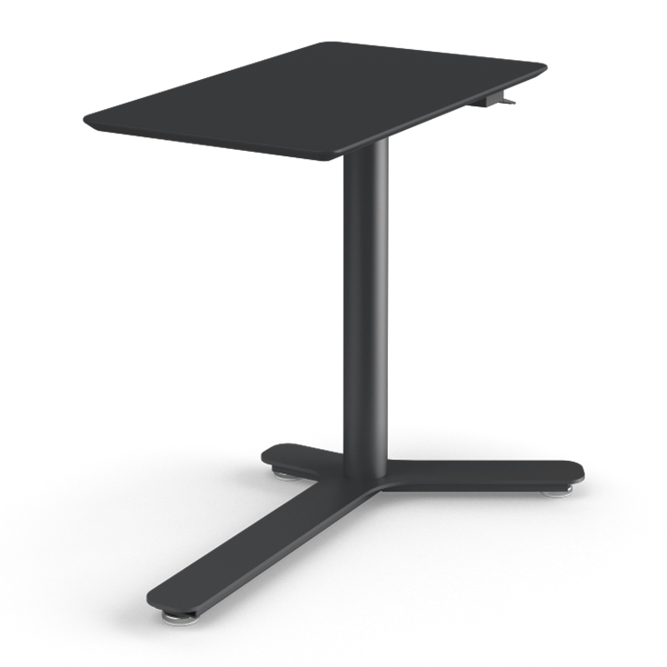 Side View of the Humanscale Mini Float Height Adjustable Table. Black MDF Top with Black Base. Kansas City Office Furniture