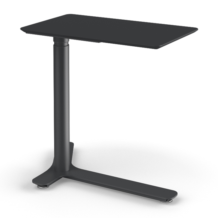 Angled View of the Humanscale Mini Float Height Adjustable Table. Black MDF Top with Black Base. Kansas City Office Furniture