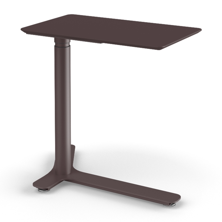 Angled View of the Humanscale Mini Float Height Adjustable Table. Burgundy MDF Top with Burgundy Base. Kansas City Office Furniture