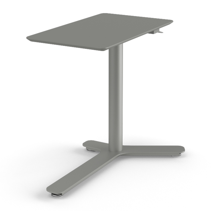 Side View of the Humanscale Mini Float Height Adjustable Table. Gray MDF Top with Gray Base. Kansas City Office Furniture