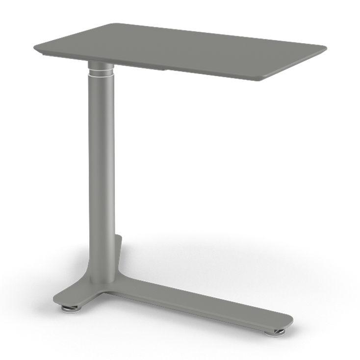 Angled View of the Humanscale Mini Float Height Adjustable Table. Gray MDF Top with Gray Base. Kansas City Office Furniture