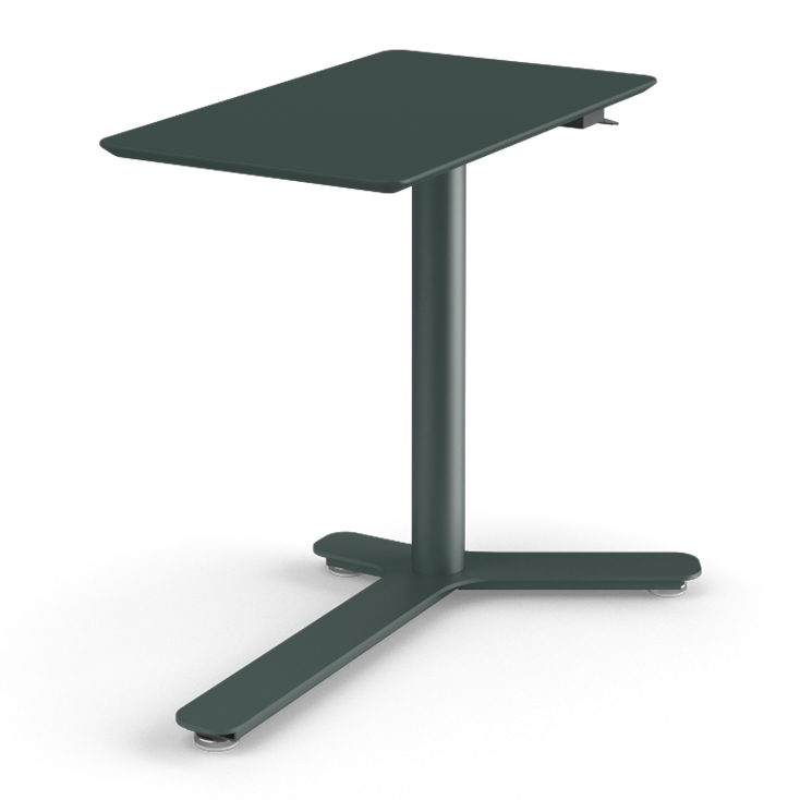 Side View of the Humanscale Mini Float Height Adjustable Table. Forest Green MDF Top with Forest Green Base. Kansas City Office Furniture