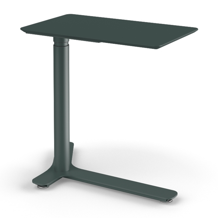 Angled View of the Humanscale Mini Float Height Adjustable Table. Forest Green MDF Top with Forest Green Base. Kansas City Office Furniture