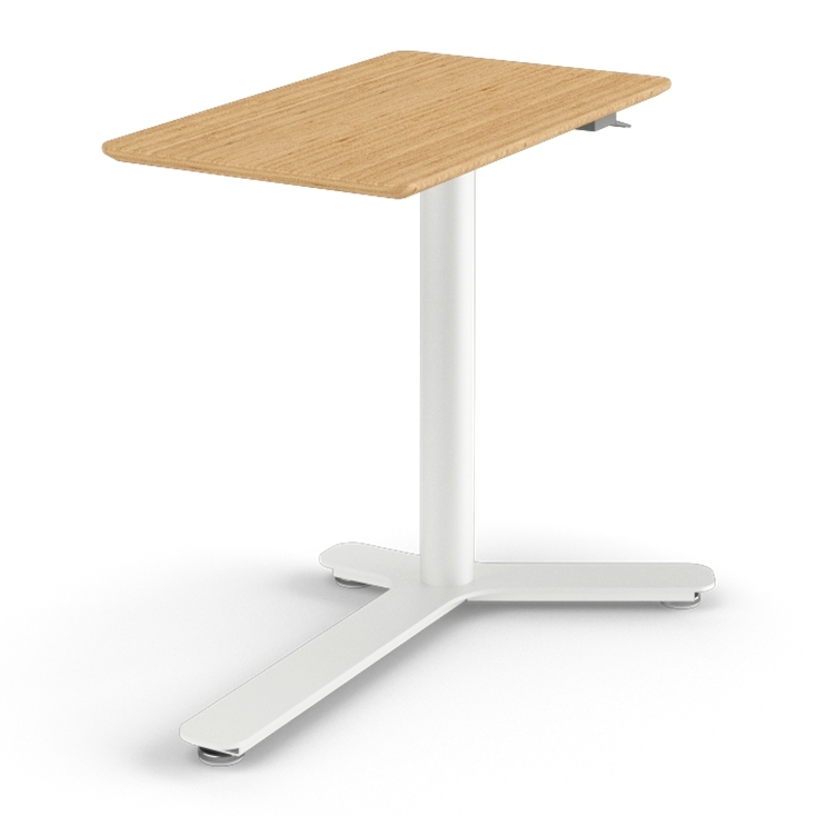 Side View of the Humanscale Mini Float Height Adjustable Table. Bamboo Top with White Base. Kansas City Office Furniture