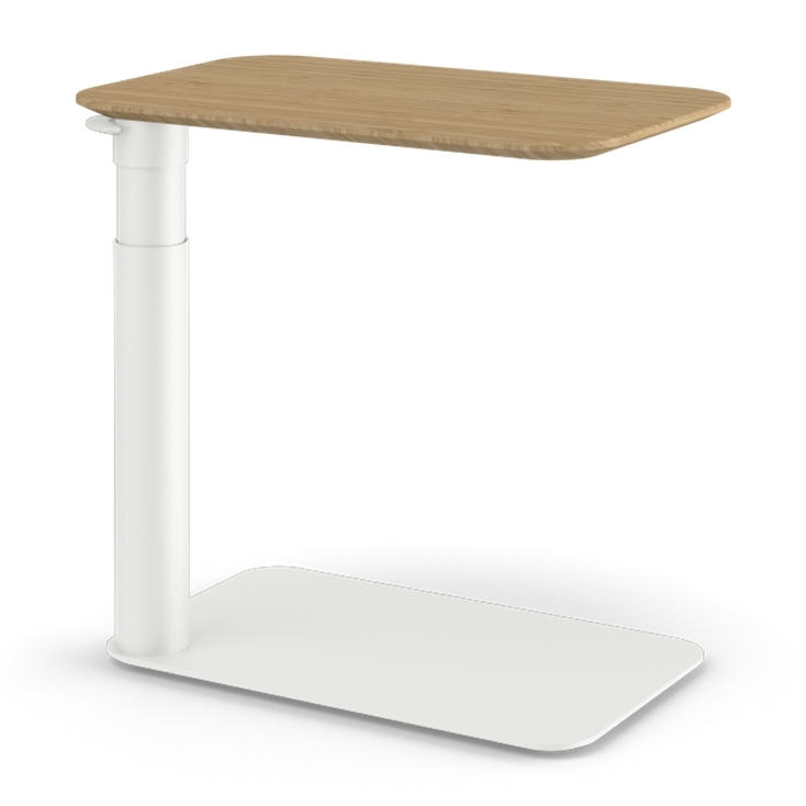 Angled view of a Humanscale Float micro in a White Base with a Bamboo top. Kansas City Office Design.