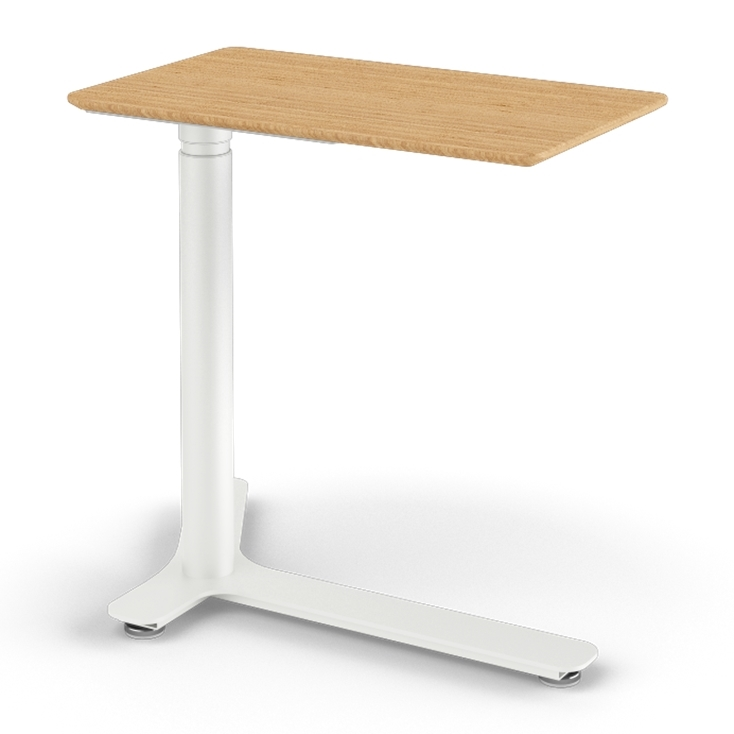 Angled View of the Humanscale Mini Float Height Adjustable Table. Bamboo Top with White Base. Kansas City Office Furniture