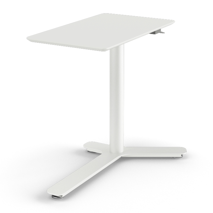 Side View of the Humanscale Mini Float Height Adjustable Table. White MDF Top with White Base. Kansas City Office Furniture