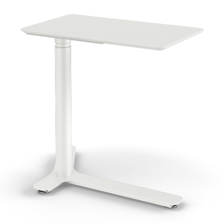 Angled View of the Humanscale Mini Float Height Adjustable Table. White MDF Top with White Base. Kansas City Office Furniture