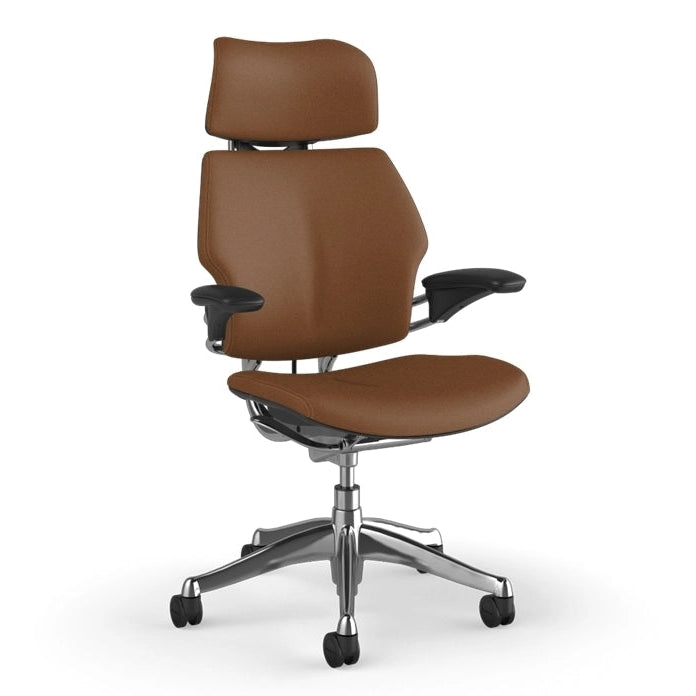 Side view of the HumanScale Freedom with Headrest in a saddle leather fabric with polished frame. Kansas City Office Furniture.