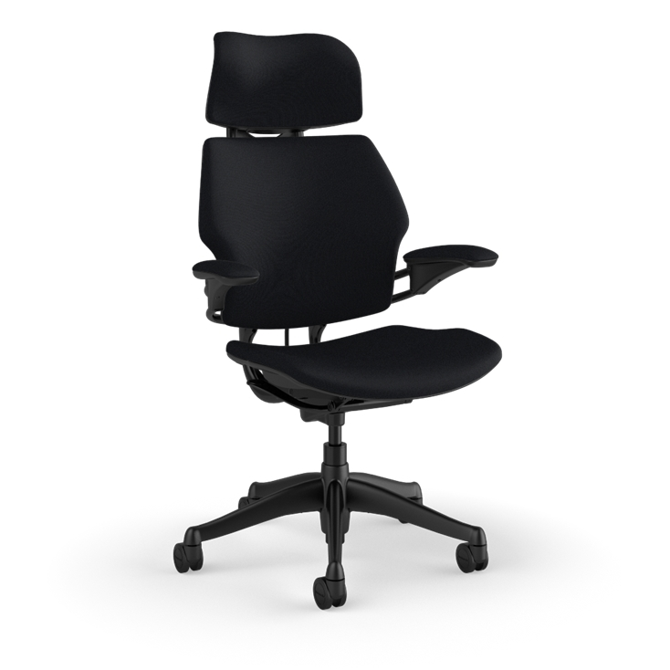Freedom Ergonomic Executive Chair with Headrest, Black, Black (Woven Corde4), front view. Kansas City Office Design.