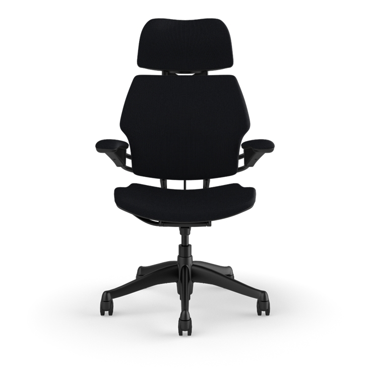 Freedom Ergonomic Executive Chair with Headrest, Black, Black (Woven Corde4), back view. Kansas City Office Design.