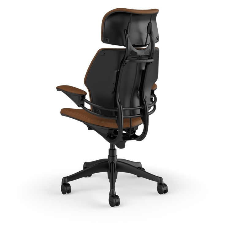 Freedom Ergonomic Executive Chair with Headrest, Black, Saddle Leather (Corvara), side view. Kansas City Office Design.