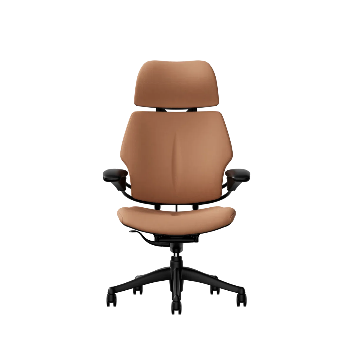 Humanscale Freedom executive chair with headrest, black frame with Elmosoft Leather 33077, front view. Kansas City Office Design.