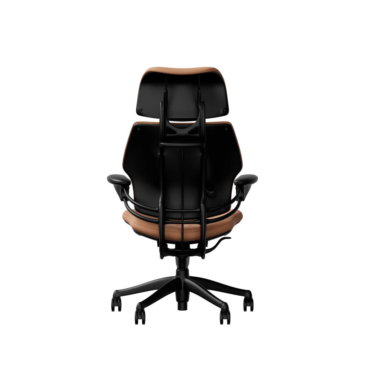 Humanscale Freedom executive chair with headrest, black frame with Elmosoft Leather 33077, back view. Kansas City Office Design.