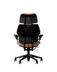Humanscale Freedom executive chair with headrest, black frame with Elmosoft Leather 33077, back view. Kansas City Office Design.