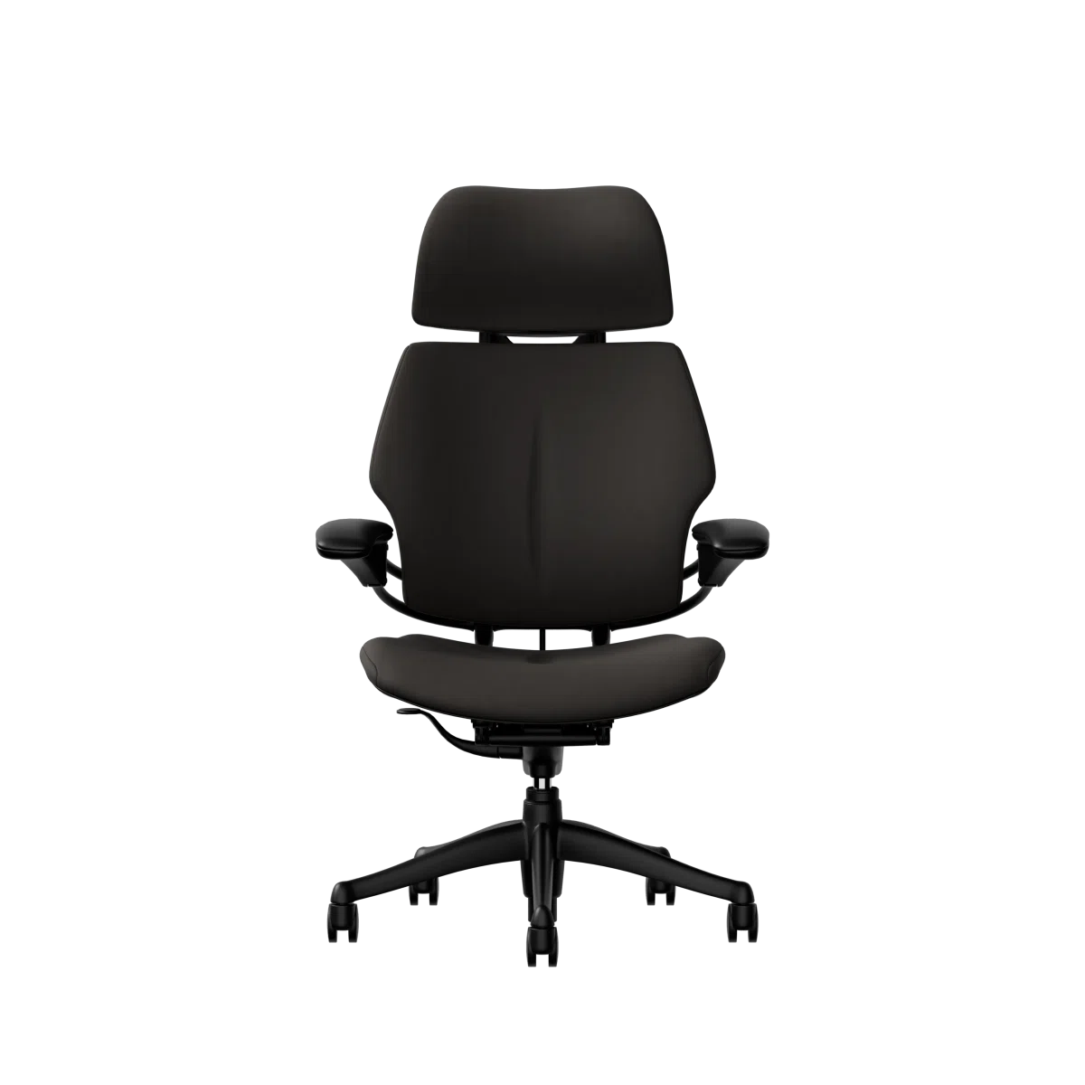 Humanscale Freedom executive chair with headrest, black frame with Elmosoft Leather Black 99999, front view. Kansas City Office Design.