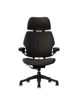 Humanscale Freedom executive chair with headrest, black frame with Elmosoft Leather Black 99999, front view. Kansas City Office Design.