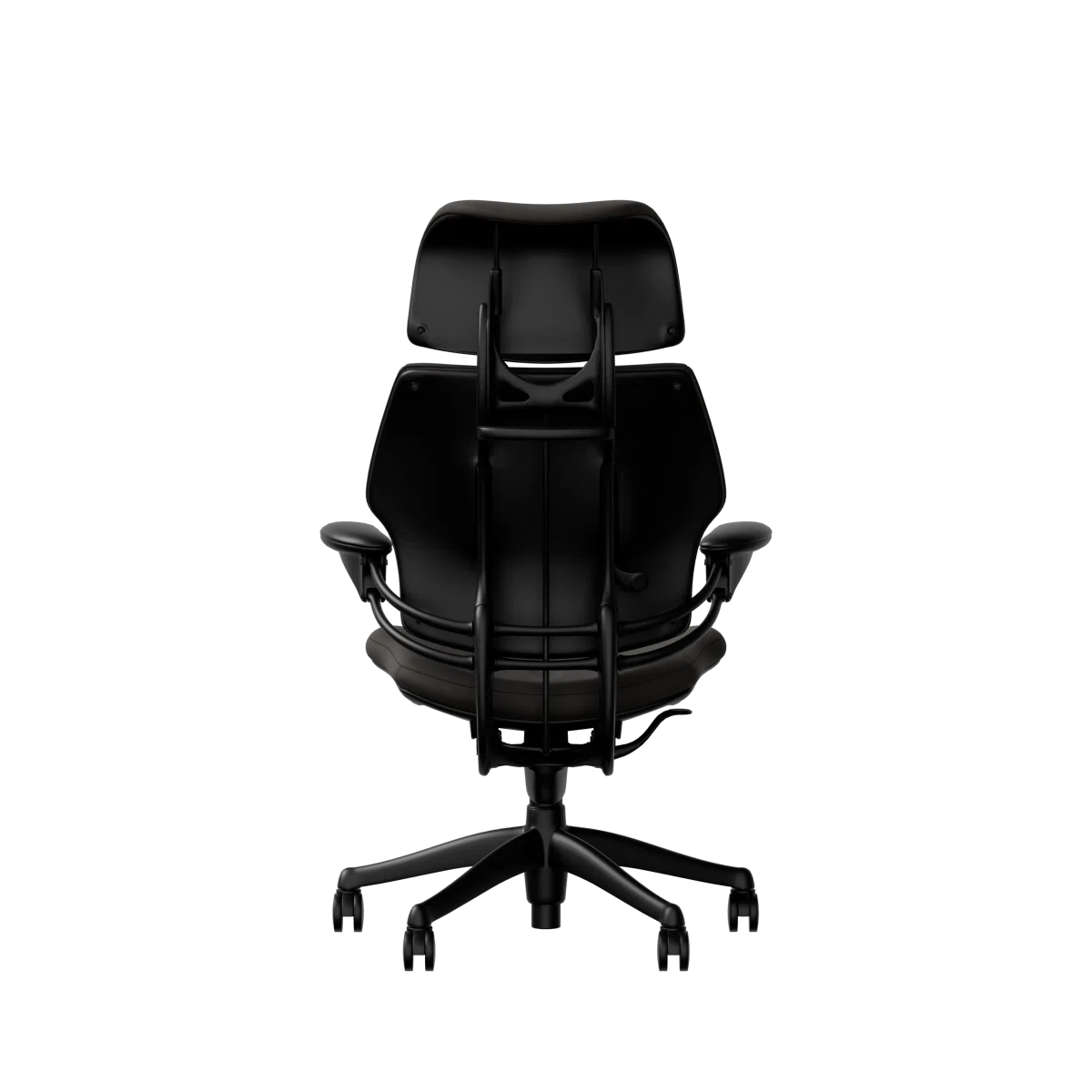 Humanscale Freedom executive chair with headrest, black frame with Elmosoft Leather Black 99999, back view. Kansas City Office Design.