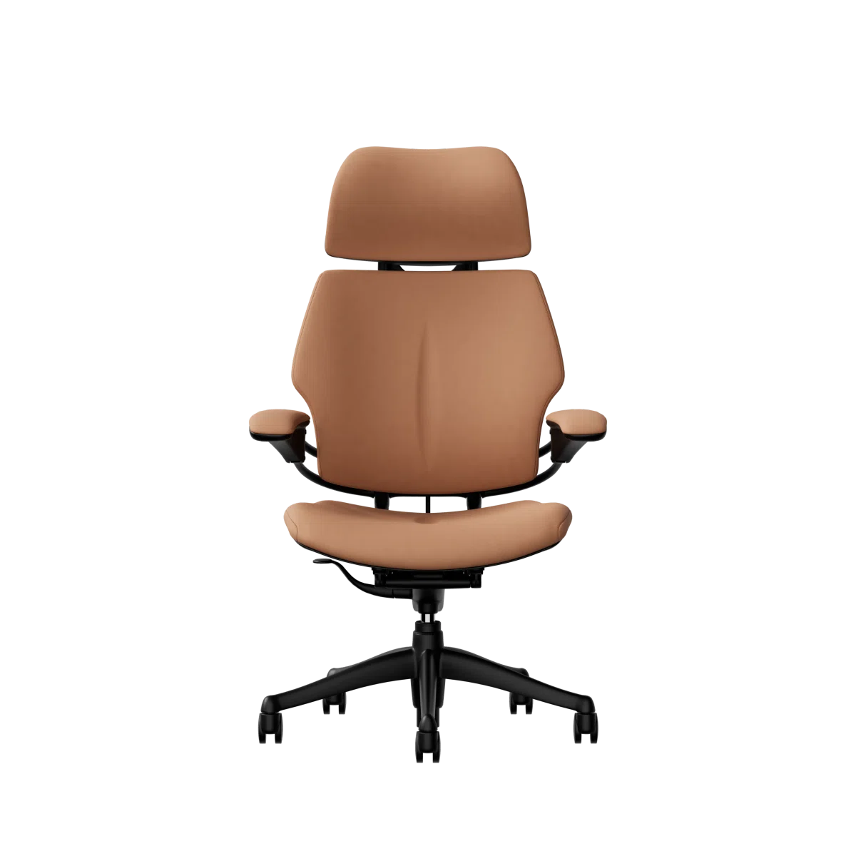 Freedom Ergonomic Executive Chair with Headrest, Black, 33077 (Elmosoft Leather), front view. Kansas City Office Design.