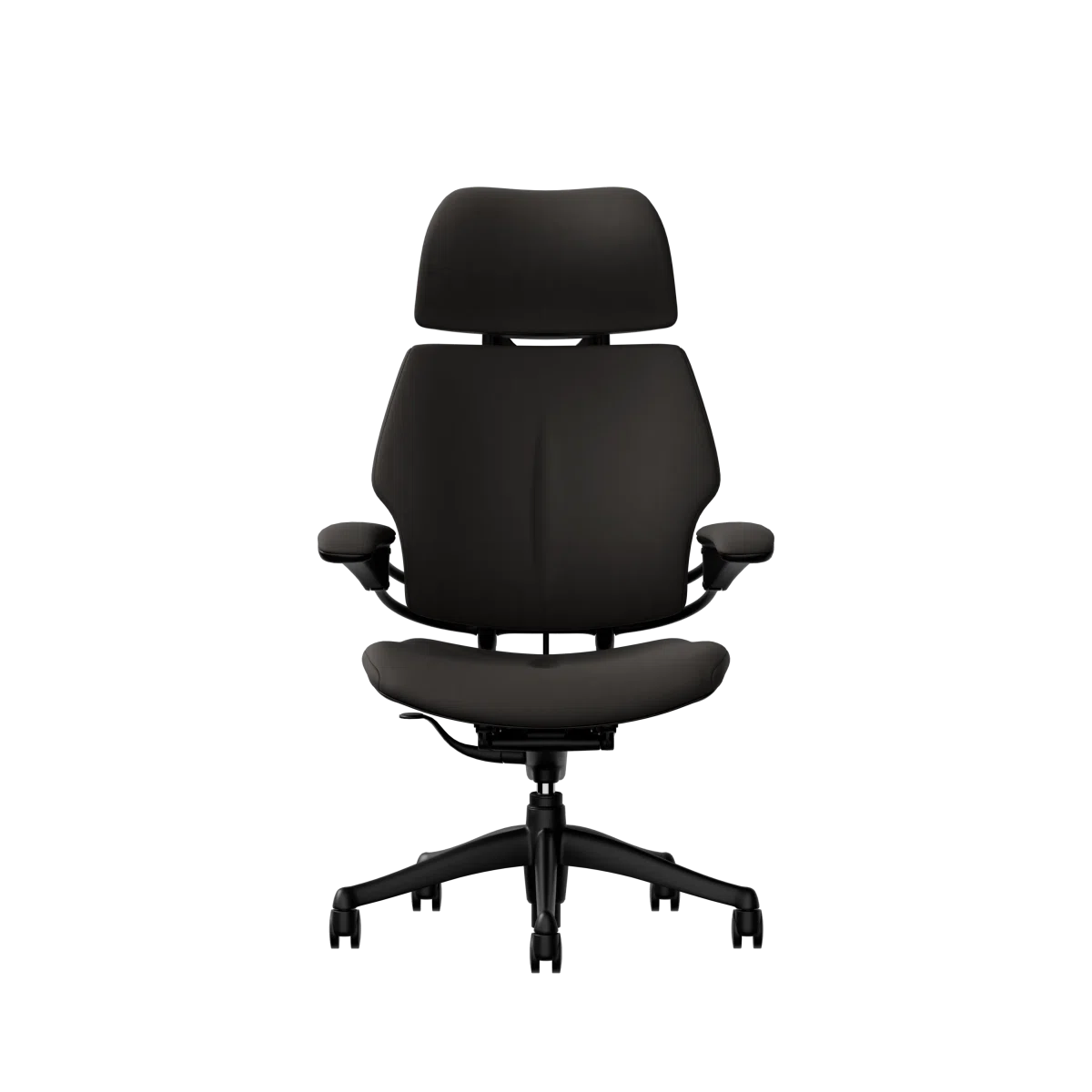 Freedom Ergonomic Executive Chair with Headrest, Black, 99999 (Elmosoft Leather), front view. Kansas City Office Design.