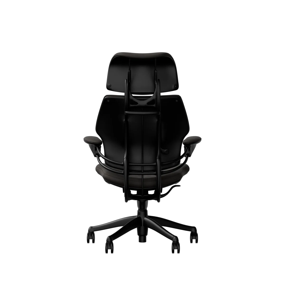 Freedom Ergonomic Executive Chair with Headrest, Black, 99999 (Elmosoft Leather), back view. Kansas City Office Design.