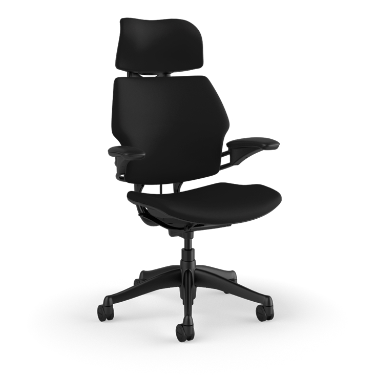 Side view of the HumanScale Freedom with Headrest in a black polyurethane fabric with black frame. Kansas City Office Furniture.