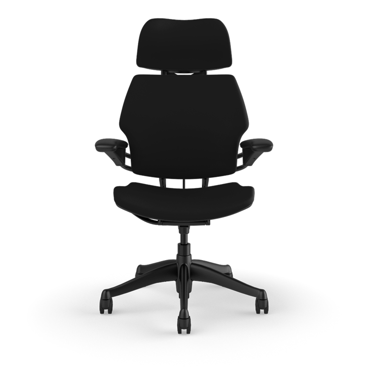 Front view of the HumanScale Freedom with Headrest in a black polyurethane fabric with black frame. Kansas City Office Furniture.