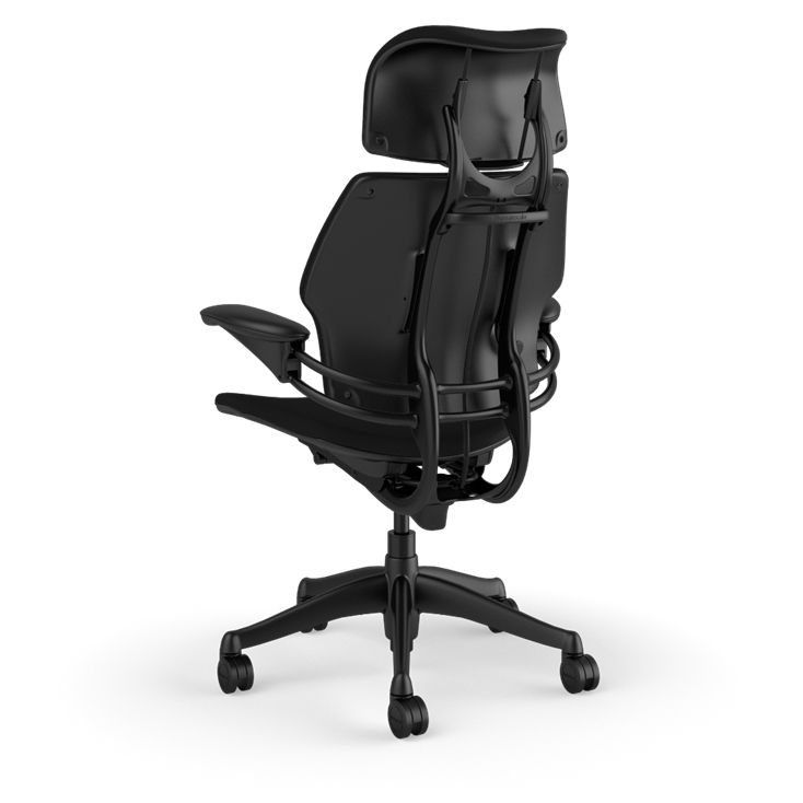 Back view of the HumanScale Freedom with Headrest in a black polyurethane fabric with black frame. Kansas City Office Furniture.