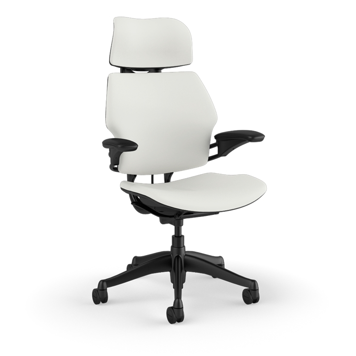Side view of the HumanScale Freedom with Headrest in a white polyurethane fabric with black frame. Kansas City Office Furniture.