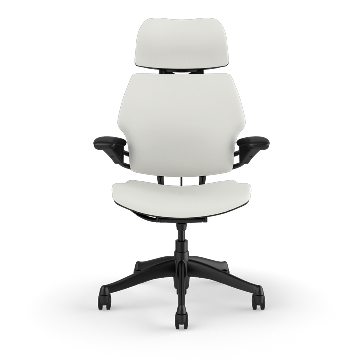 Front view of the HumanScale Freedom with Headrest in a white polyurethane fabric with black frame. Kansas City Office Furniture.
