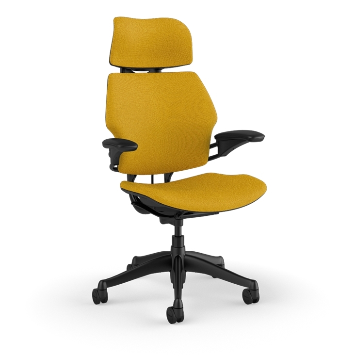 Humanscale Freedom executive chair with headrest, black frame with Steelcut Trio 0664 , side view. Kansas City Office Design.