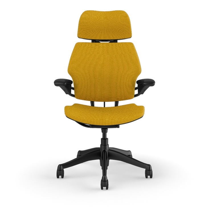 Humanscale Freedom executive chair with headrest, black frame with Steelcut Trio 0664 , front view. Kansas City Office Design.