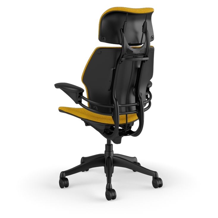 Humanscale Freedom executive chair with headrest, black frame with Steelcut Trio 0664 , back view. Kansas City Office Design.