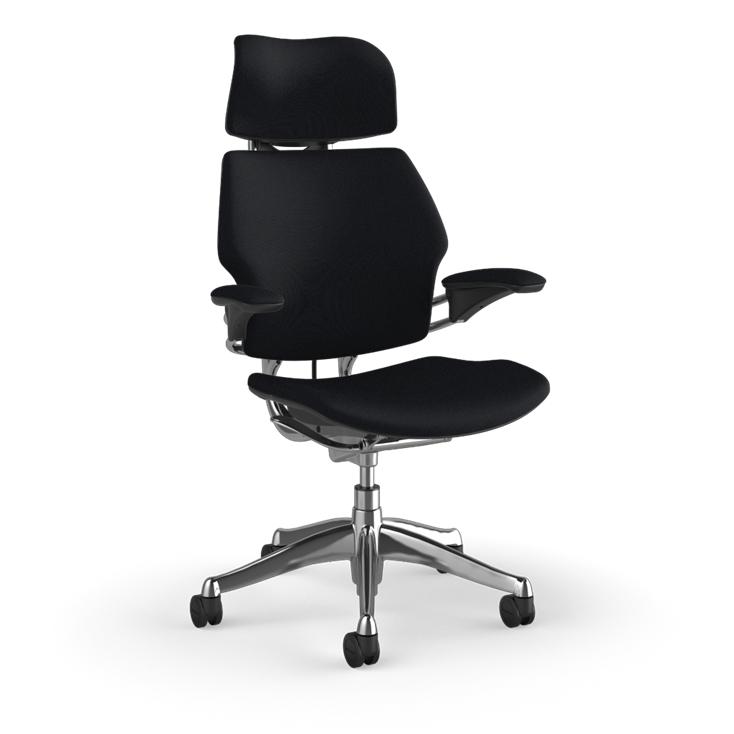 Freedom Ergonomic Executive Chair with Headrest, Polished Aluminum, Black (Woven Corde4), front view. Kansas City Office Design.