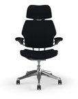 Freedom Ergonomic Executive Chair with Headrest, Polished Aluminum, Black (Woven Corde4), back view. Kansas City Office Design.