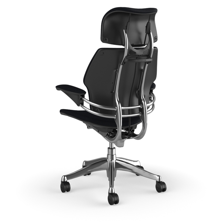 Freedom Ergonomic Executive Chair with Headrest, Polished Aluminum, Black (Woven Corde4), side view. Kansas City Office Design.