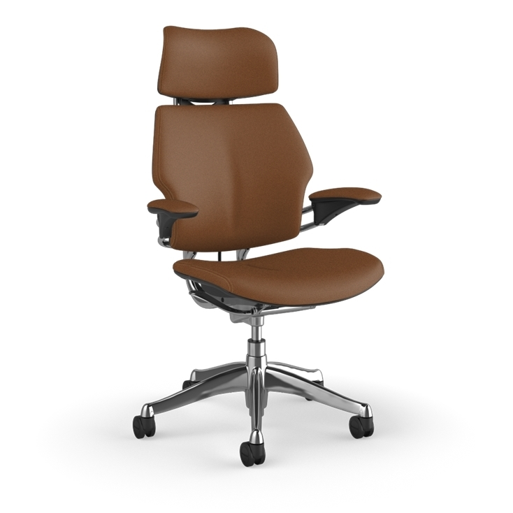 Freedom Ergonomic Executive Chair with Headrest, Polished Aluminum, Saddle Leather (Corvara), front view. Kansas City Office Design.