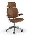 Freedom Ergonomic Executive Chair with Headrest, Polished Aluminum, Saddle Leather (Corvara), front view. Kansas City Office Design.