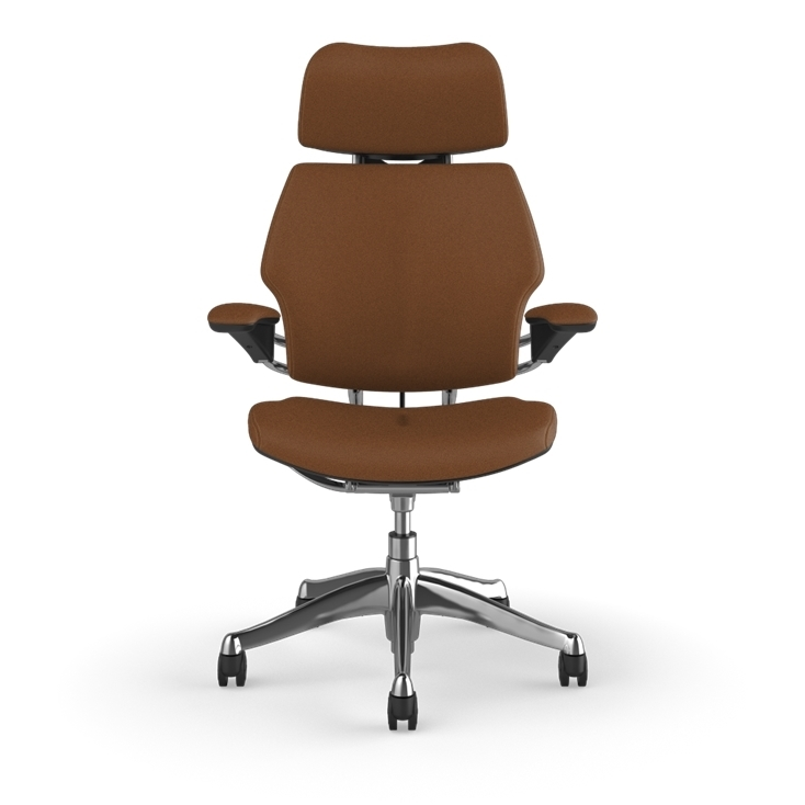 Freedom Ergonomic Executive Chair with Headrest, Polished Aluminum, Saddle Leather (Corvara), back view. Kansas City Office Design.
